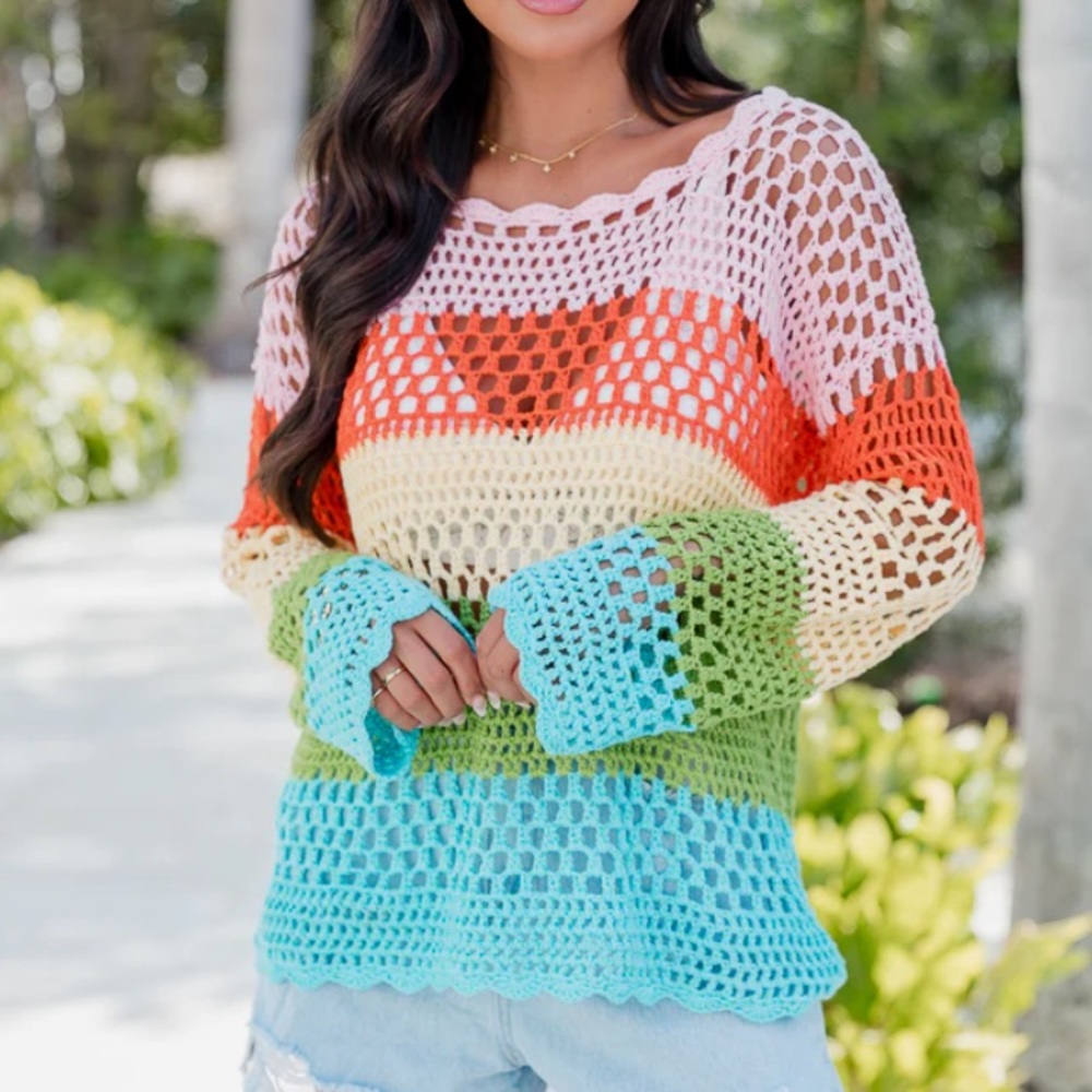 Pink Lily Open Knit Sweater/Coverup MultiColor Scalloped Hem NWOT Sz S‎
